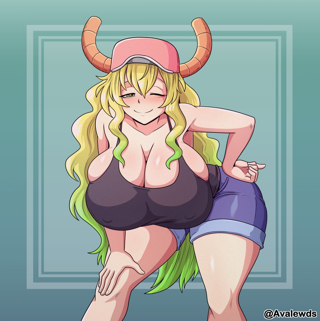 1girls, avalewds, baseball cap, big breasts, bimbo, black tank top, blonde hair, blue shorts, bottomwear, breasts, cleavage, female, female only, gigantic breasts, green eyes, hair, half-closed eye, hand on hip, hand on thigh, hat, headwear, horns, huge breasts, large breasts, long hair, looking at viewer, miss kobayashi's dragon maid, nipple bulge, one eye closed, quetzalcoatl (dragon maid), shorts, smile, solo, solo female, tank top, topwear, two-tone hair