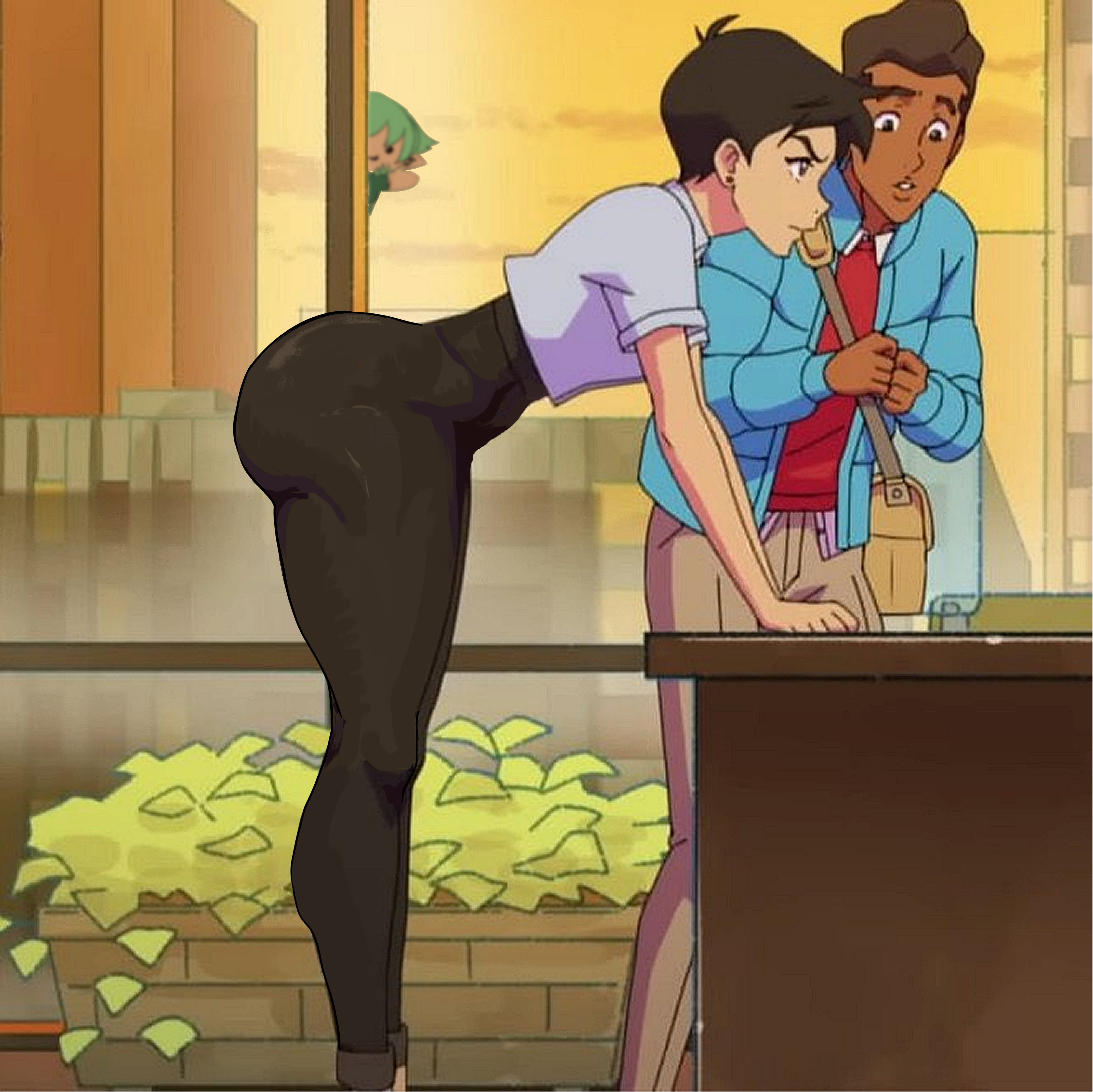 1boy, 1girls, adult swim, ass, bent over, bent over table, clothed, dark skin, dark-skinned male, dc, dc comics, female, huge ass, jimmy olsen, jimmy olsen (my adventures with superman), lois lane, lois lane (my adventures with superman), male, meme, my adventures with superman, superman (series), thick ass, thick thighs, thighs, tomboy
