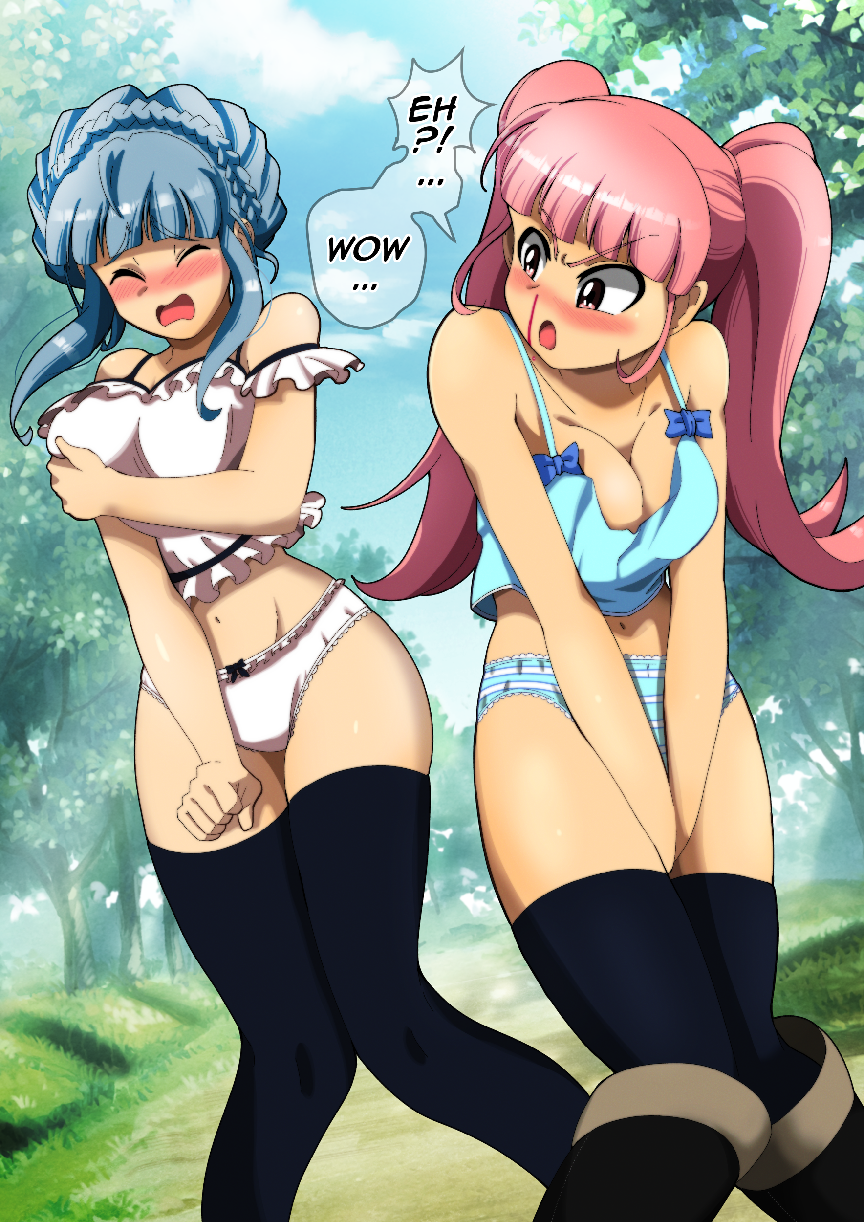 2girls, blue camisole, blue hair, blue panties, blush, breasts, camisole, cleavage, covering, embarrassed, english text, euf-dreamer, female, female focus, female only, female pervert, fire emblem, fire emblem: three houses, hilda valentine goneril, marianne von edmund, multiple females, multiple girls, nintendo, nosebleed, outdoors, panties, pink hair, striped panties, text, white camisole, white panties, yuri