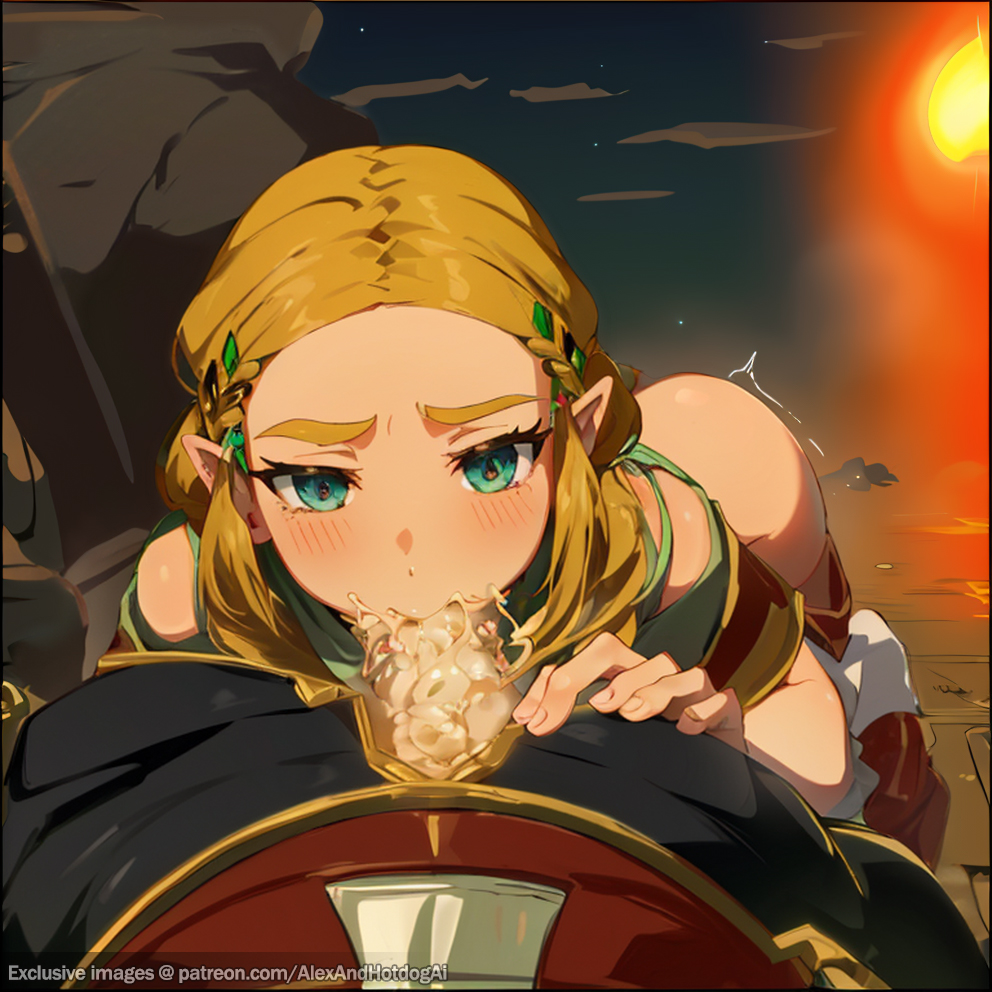 ai generated, alexandhotdogai, big eyes, blonde hair, blowjob, blue eyes, blush, clothing, cum, cumming, elf ears, female, frown, oral sex, princess zelda, tears of the kingdom, the legend of zelda, zelda (tears of the kingdom)