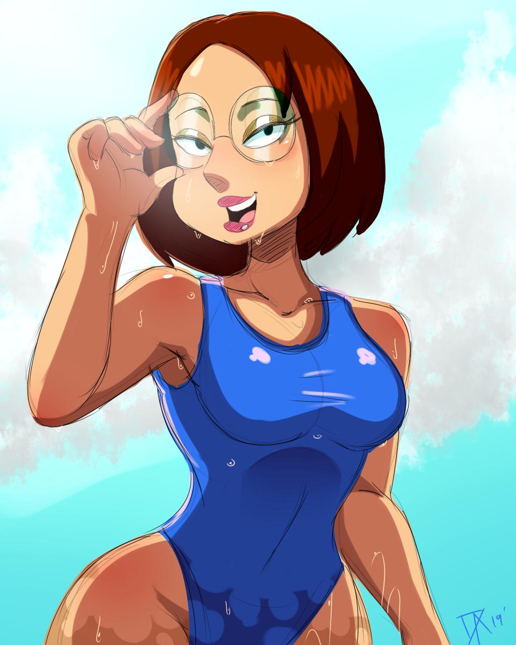 2019 blue_background blue_swimsuit breasts brown_hair dalley_le_alpha family_guy female female_only glasses meg_griffin one-piece_swimsuit one_piece_swimsuit pink_lips pink_lipstick short_hair swimsuit wide_hips