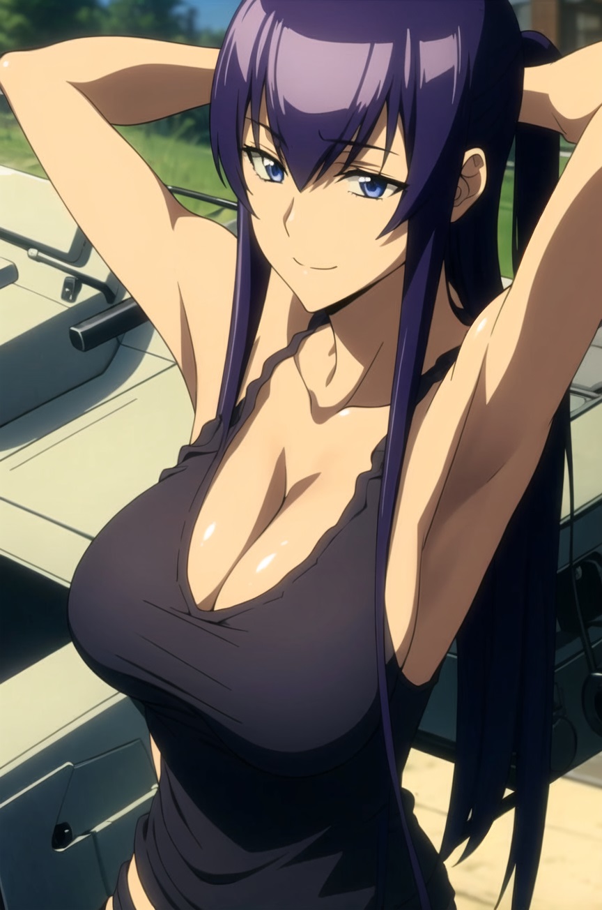 1girls, ai generated, armpits, arms behind head, artist request, big breasts, blue eyes, breasts, busty, female, female only, hi res, highschool of the dead, large breasts, long hair, looking at viewer, ponytail, pose, posing, purple hair, saeko busujima, sexy armpits, sleeveless shirt, smile, solo, voluptuous