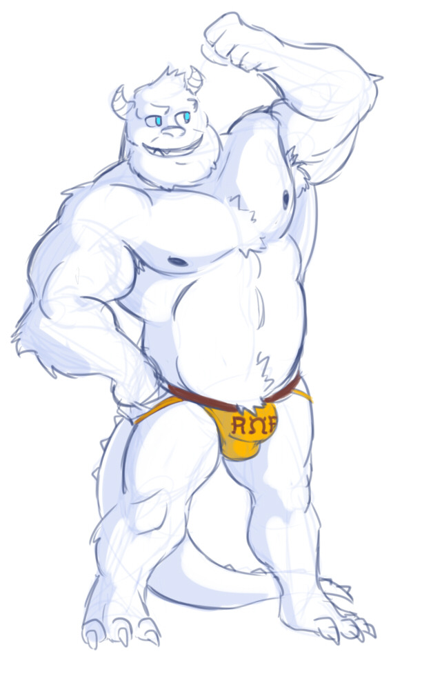 anthro balls_outline blue_eyes bulge clothing disney flexing genital_outline horn male male_only monster monsters_inc monsters_university nipples penis_outline pixar smile solo sulley underwear wkd