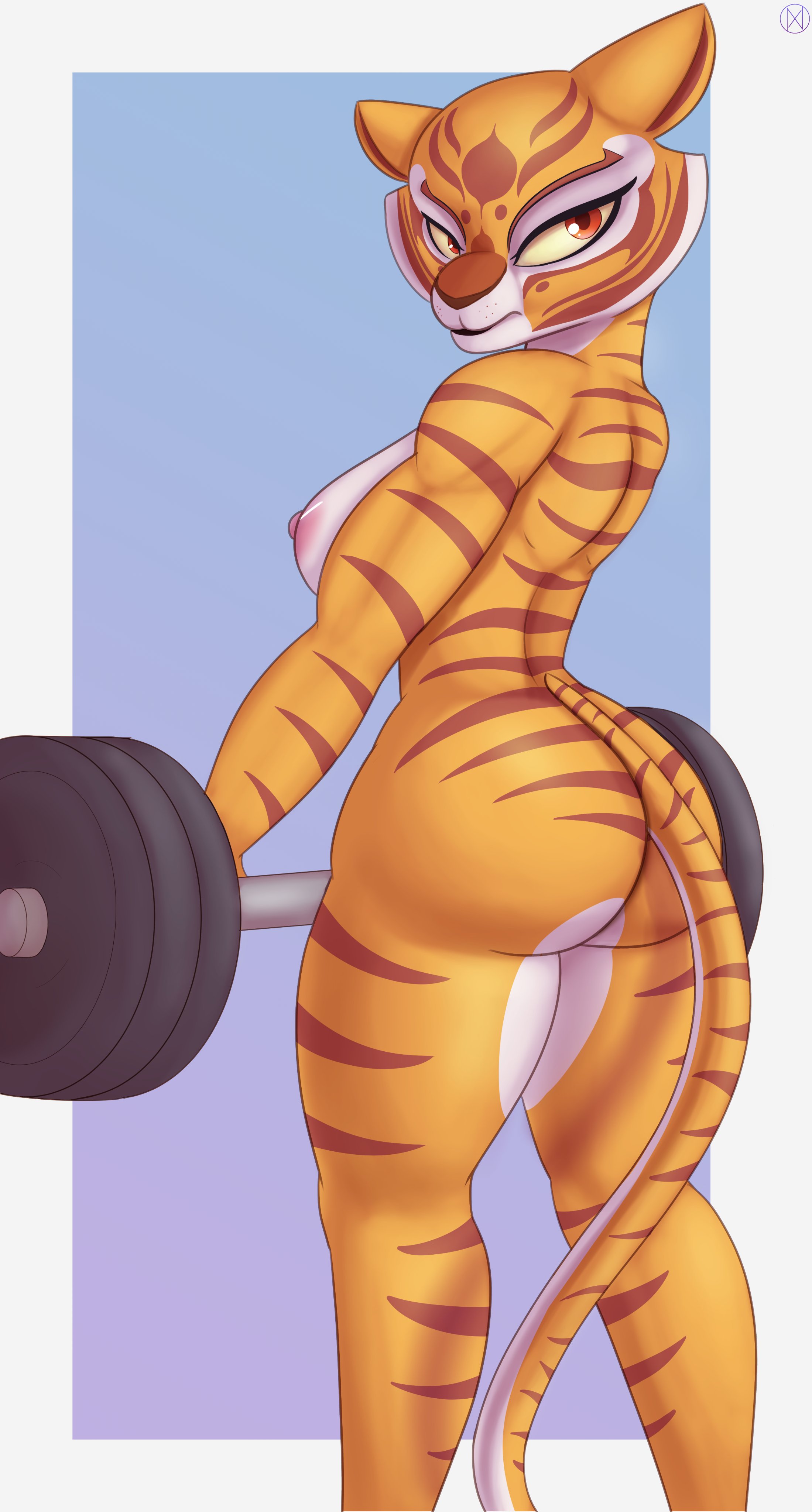 absurd res, anthro, areola, ass, barbell, breasts, digital media (artwork), dreamworks, exercise, felid, female, hi res, kung fu panda, looking at viewer, mammal, master tigress, nexcoyotlgt, nipples, nude, pantherine, simple background, solo, tiger, weightlifting, weights, workout