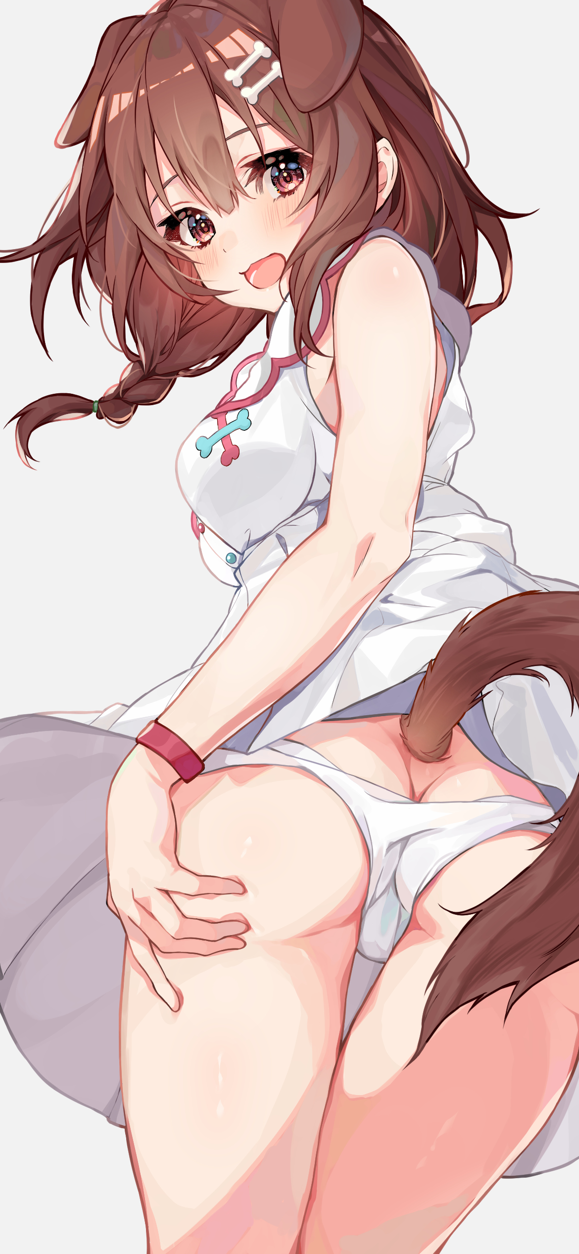 absurdres, animal ears, artist request, ass, ass crack, blush, braid, breasts, brown eyes, brown hair, butt crack, dog ears, dog girl, dog tail, dress, female, from behind, hair between eyes, hair tie, highres, hololive, hololive gamers, hololive japan, inugami korone, looking at viewer, looking back, open mouth, panties, shiny skin, solo, tail, underwear, virtual youtuber, white background, white panties
