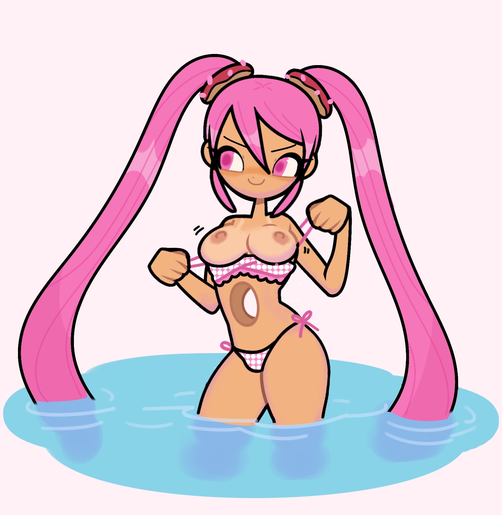 1girls, bikini, bikini pull, bikini top, breasts, chibi, female, female only, long hair, nipples, omori, pink eyes, pink hair, px nicolas, smile, sweetheart (omori), twintails, water