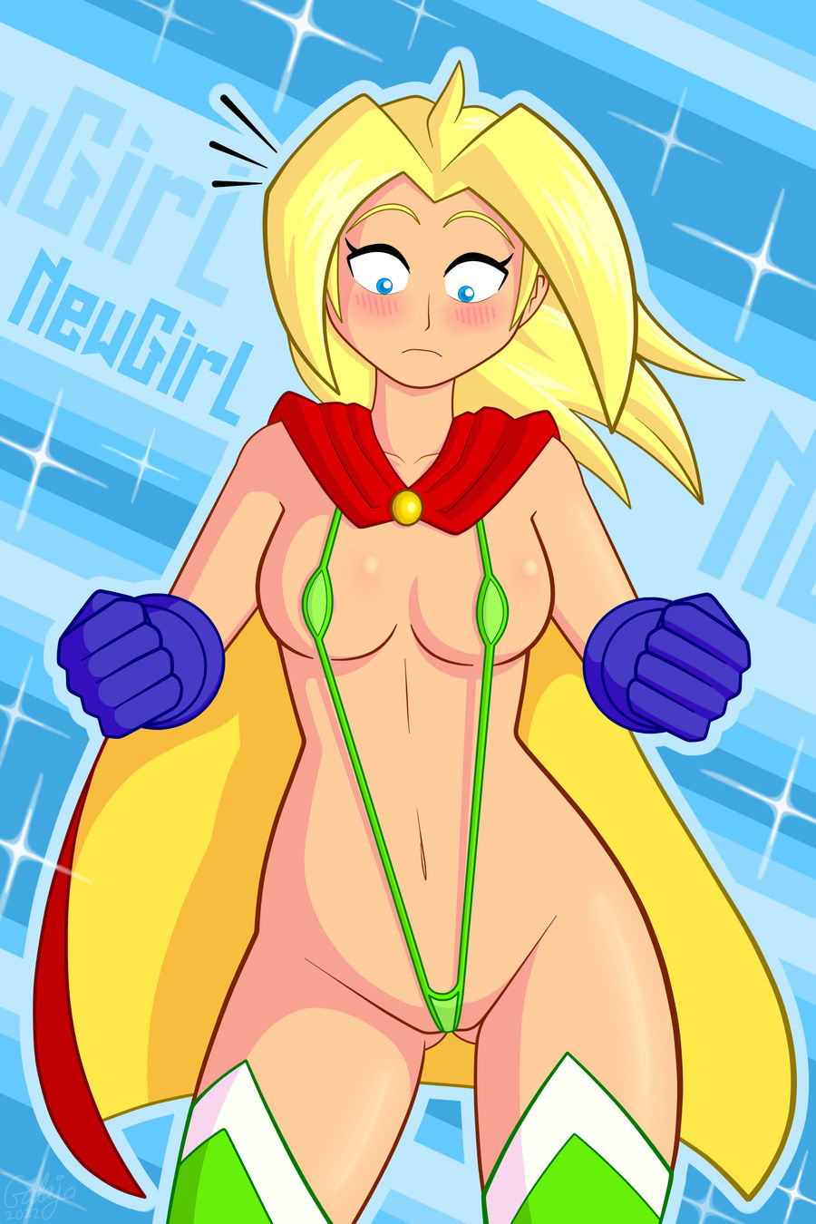 blonde_hair blue_gloves blush boobs breasts cape embarrassed embarrassing_outfit galajo gloves green_sling_bikini red_cape revealing_clothes revealing_outfit skimpy_clothes skimpy_outfit sling_bikini slingshot_swimsuit superheroine tits yellow_cape