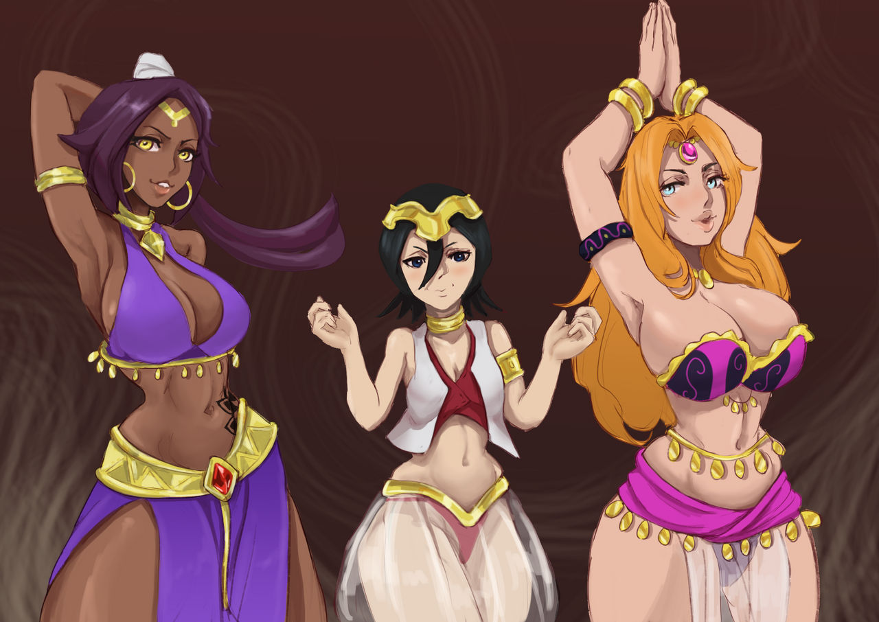 3girls amber_eyes belly_dancer belly_dancer_outfit black_hair bleach blue_eyes cleavage dancer_outfit dark-skinned_female harem harem_girl harem_outfit harem_pants huge_breasts kuchiki_rukia loincloth long_hair matsumoto_rangiku mohmohpd orange_hair pale_blue_eyes shihouin_yoruichi short_hair slave_outfit small_breasts