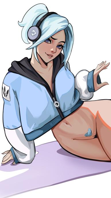bottomless, female, half-dressed, headphones, heart-shaped pubic hair, jett (valorant), pubic hair, pussy, solo, vagina, valorant, vile jp