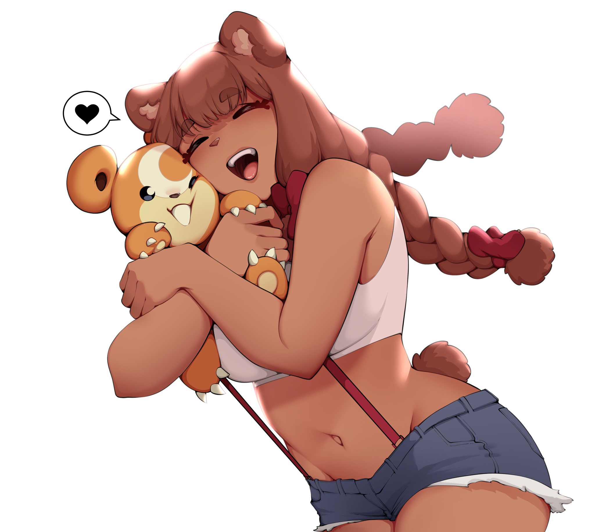 1girls, anthro, bear, bear ears, bear girl, bear tail, beau (luxurias), chubby, chubby female, clothing, crop top, cuddling, cute, dark skin, dark-skinned female, female, heart, hug, luxurias, original, short shorts, shorts, spoken heart, suspenders, tanned, tanned body, tanned female, tanned skin, teddy bear, twin braids, wholesome