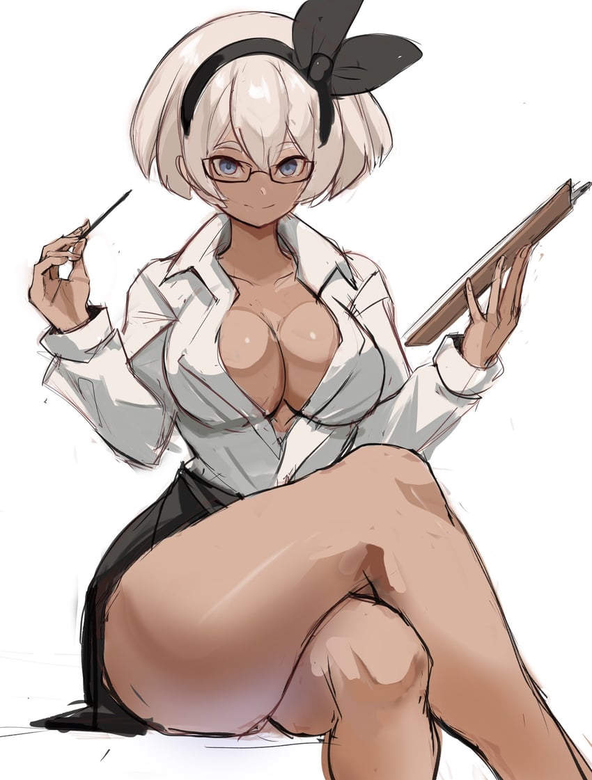 1girls, 2d, bea (pokemon), big breasts, black skirt, blue eyes, breasts, brown skin, brown-skinned female, cleavage, dark skin, dark-skinned female, female, hair ornament, human, pokemon, pokemon ss, rakeemspoon, short hair, skirt, smile, solo, teacher, thick thighs, thighs, upskirt, white hair, white-haired female