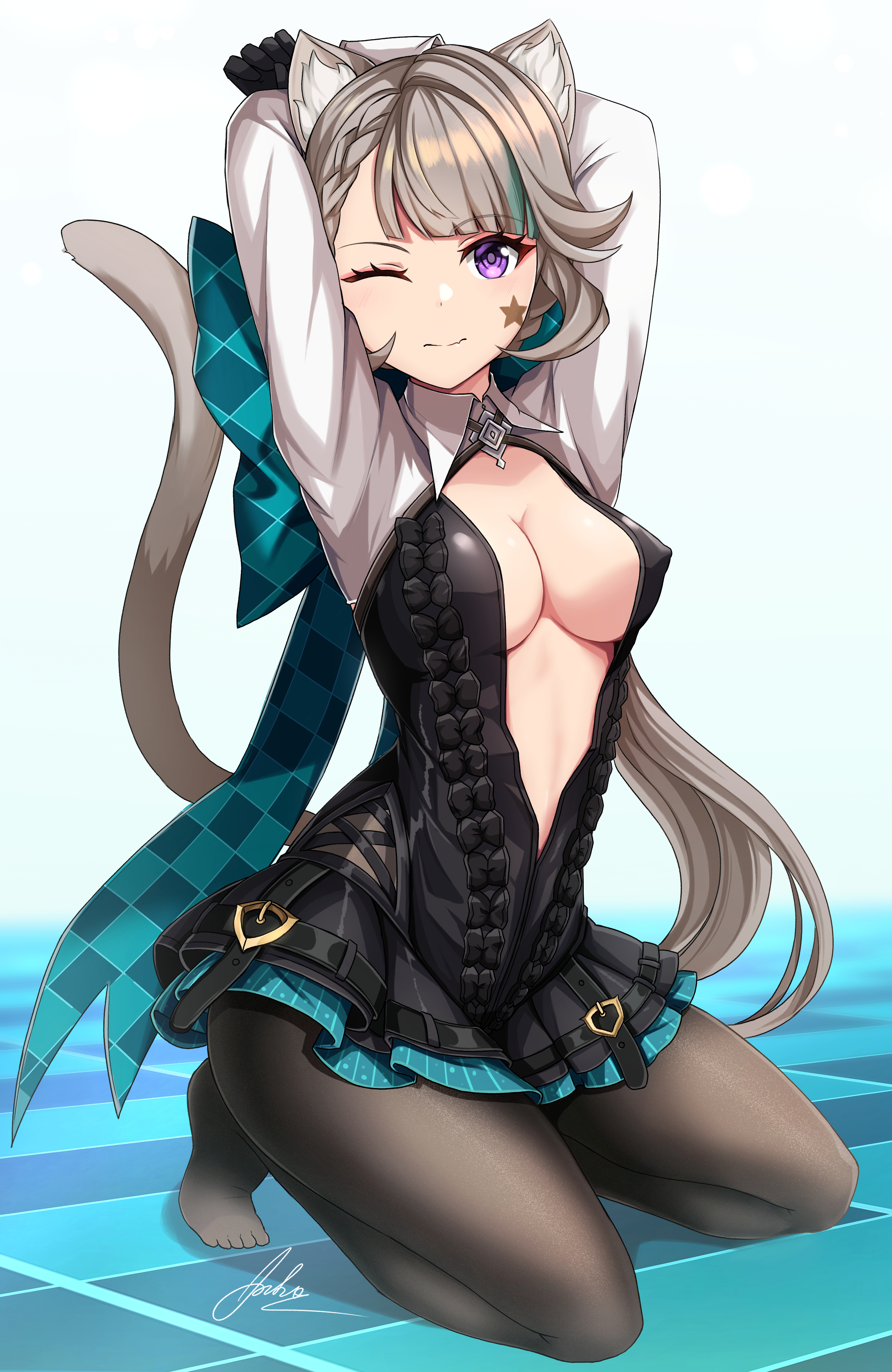 1girls, animal ears, aoikito, arms up, black pantyhose, breasts, female, female only, genshin impact, grey hair, hi res, highres, kneeling, long hair, long sleeves, looking at viewer, lynette (genshin impact), medium breasts, one eye closed, open clothes, pantyhose, purple eyes, ribbon, solo, solo female, tail, thick thighs, thighs