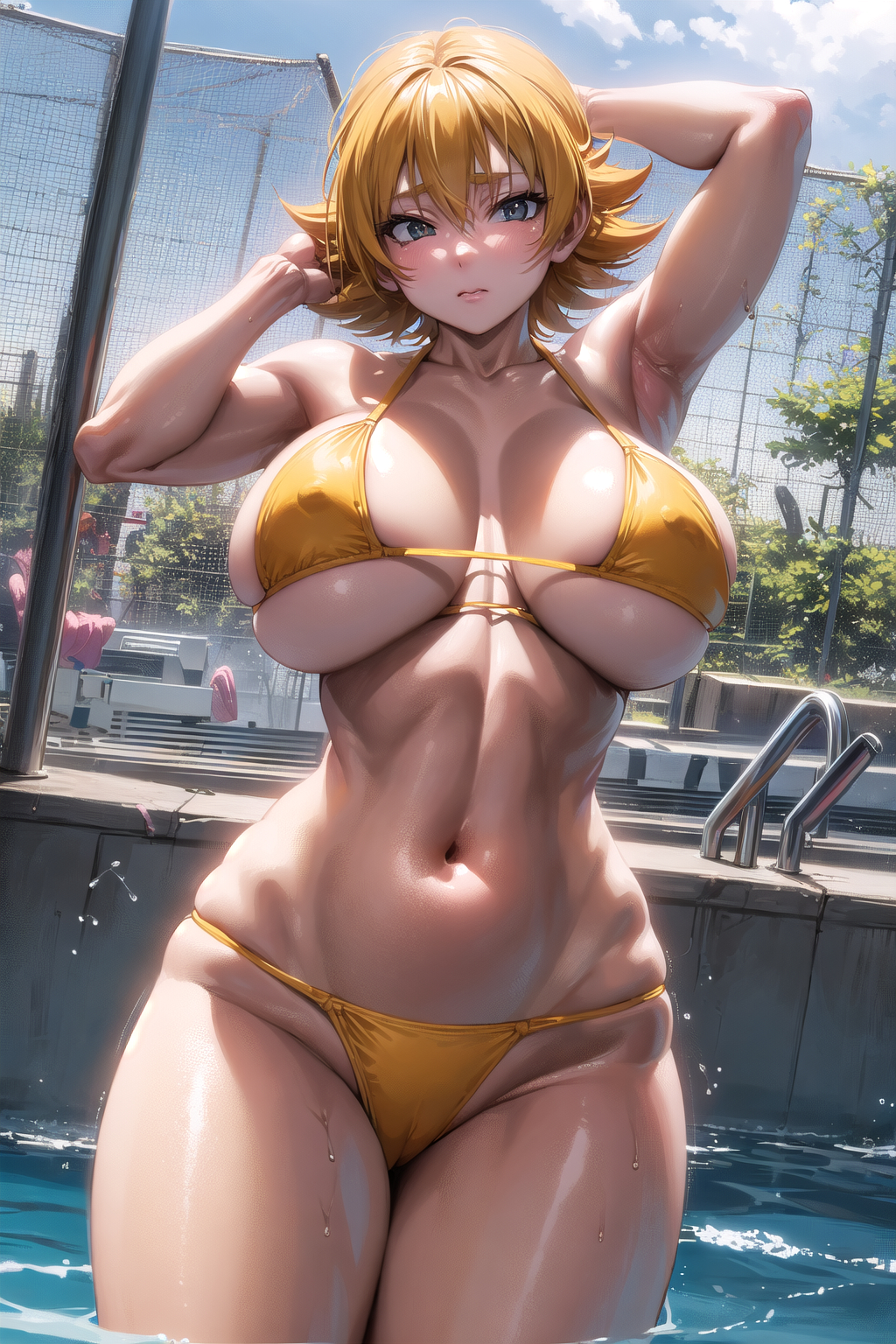 ai generated, bikini, breasts, embarrassed, female, huge breasts, igawa sakura, taimanin (series), taimanin asagi, the hotshot, thick thighs, wide hips