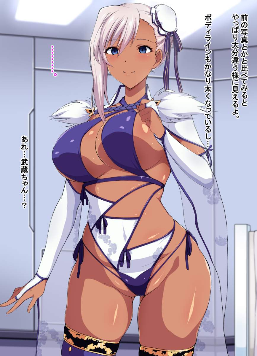 1girls breasts fate/grand_order fate_(series) japanese_text large_breasts miyamoto_musashi_(fate) miyamoto_musashi_(swimsuit_berserker) miyamoto_musashi_(swimsuit_berserker)_(third_ascension)_(fate) mokichi_(nvzy3n) solo standing swimsuit tan_body thighhighs translation_request