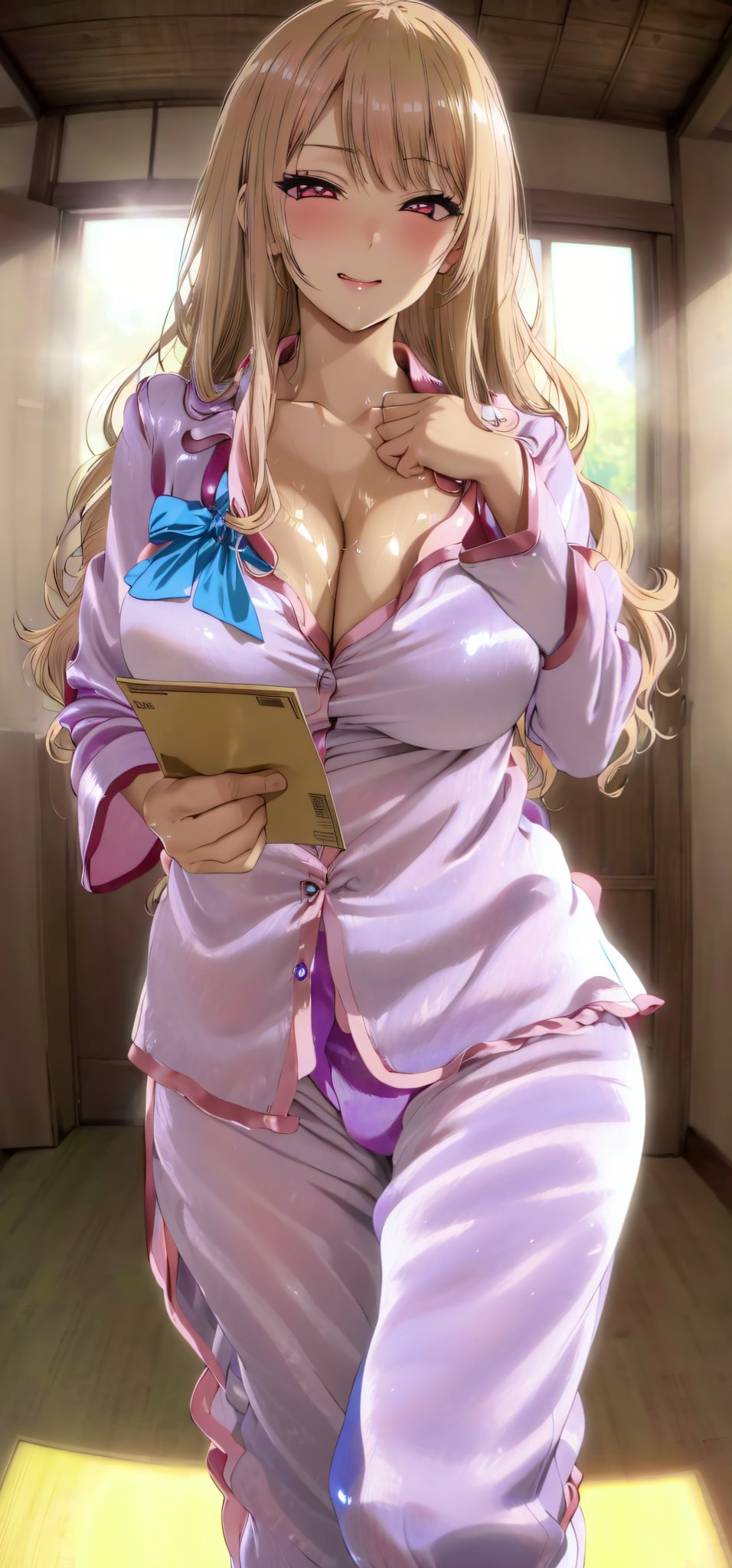 1girls ai_generated blonde_hair breasts clothing female female_only fully_clothed hi_res kitagawa_marin large_breasts long_hair pajamas pink_pajamas red_eyes seductive seductive_smile shiny_skin smile solo sono_bisque_doll_wa_koi_wo_suru