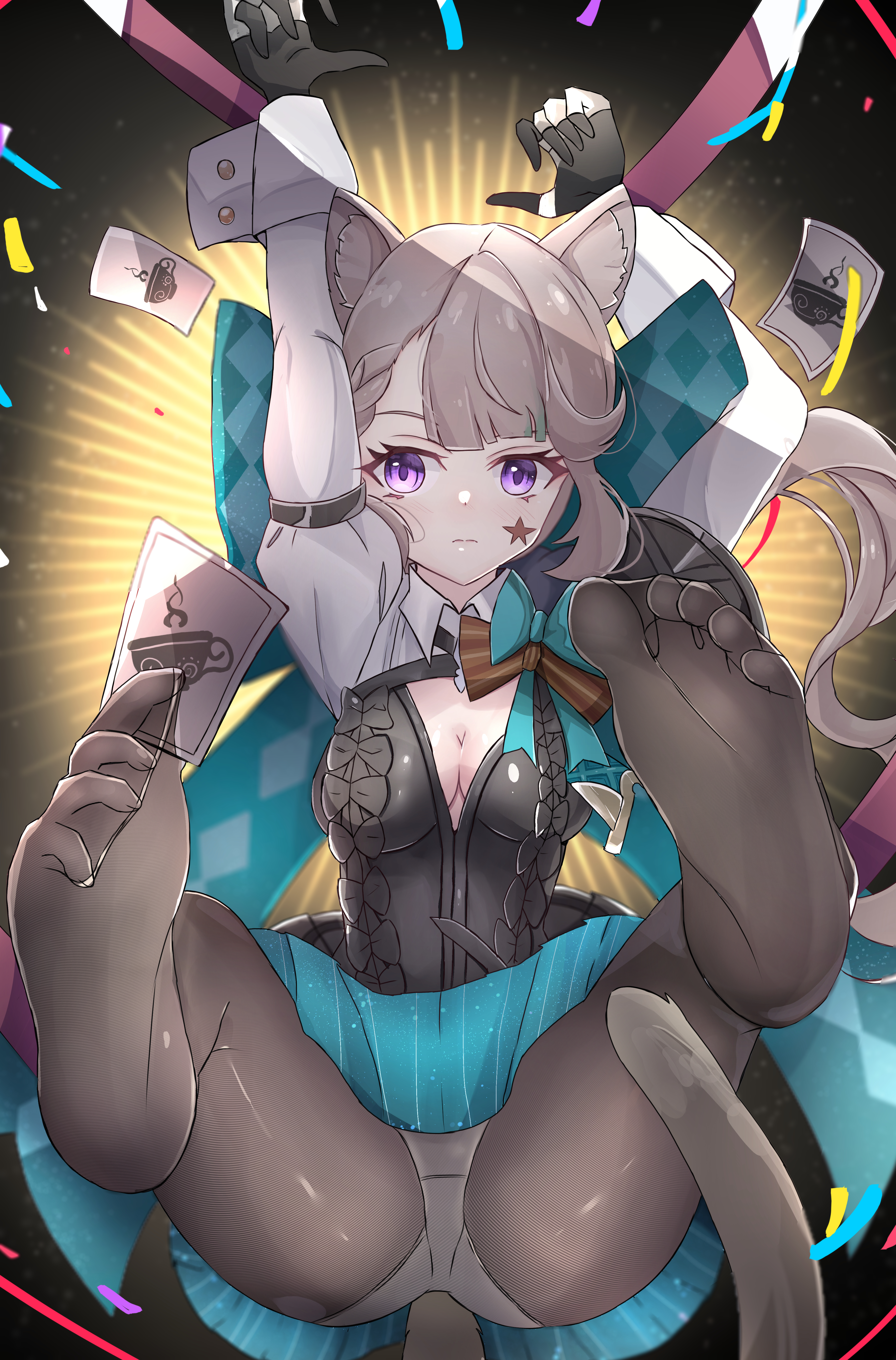 1girls, akipants, black legwear, breasts, cat ears, cat girl, cat tail, catgirl, clothed, clothed female, feet, feet up, female, female focus, female only, foot fetish, foot play, genital fluids, genshin impact, grey hair, legs up, legwear, lynette (genshin impact), purple eyes, soles, solo, solo female, solo focus, thick thighs, thighs