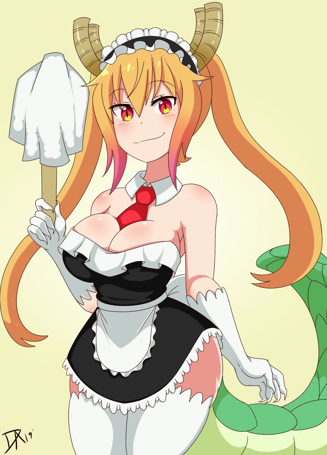 2019, blonde hair, breasts, cleavage, dalley le alpha, female, female only, long hair, maid, maid headdress, maid outfit, maid uniform, miss kobayashi's dragon maid, red eyes, thighhighs, tie, tied hair, tohru (dragon maid)