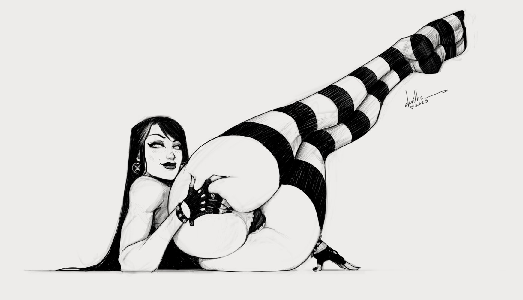 1girls, ass, black hair, bracelet, breasts, bubble ass, bubble butt, busty, devil hs, earrings, eyeshadow, female, female focus, female only, fingerless gloves, goth, goth girl, hourglass figure, lipstick, long hair, makeup, monochrome, nail polish, original, original character, pinup, pinup pose, sketch, solo, stripes (devil hs), tagme, thong, wide hips