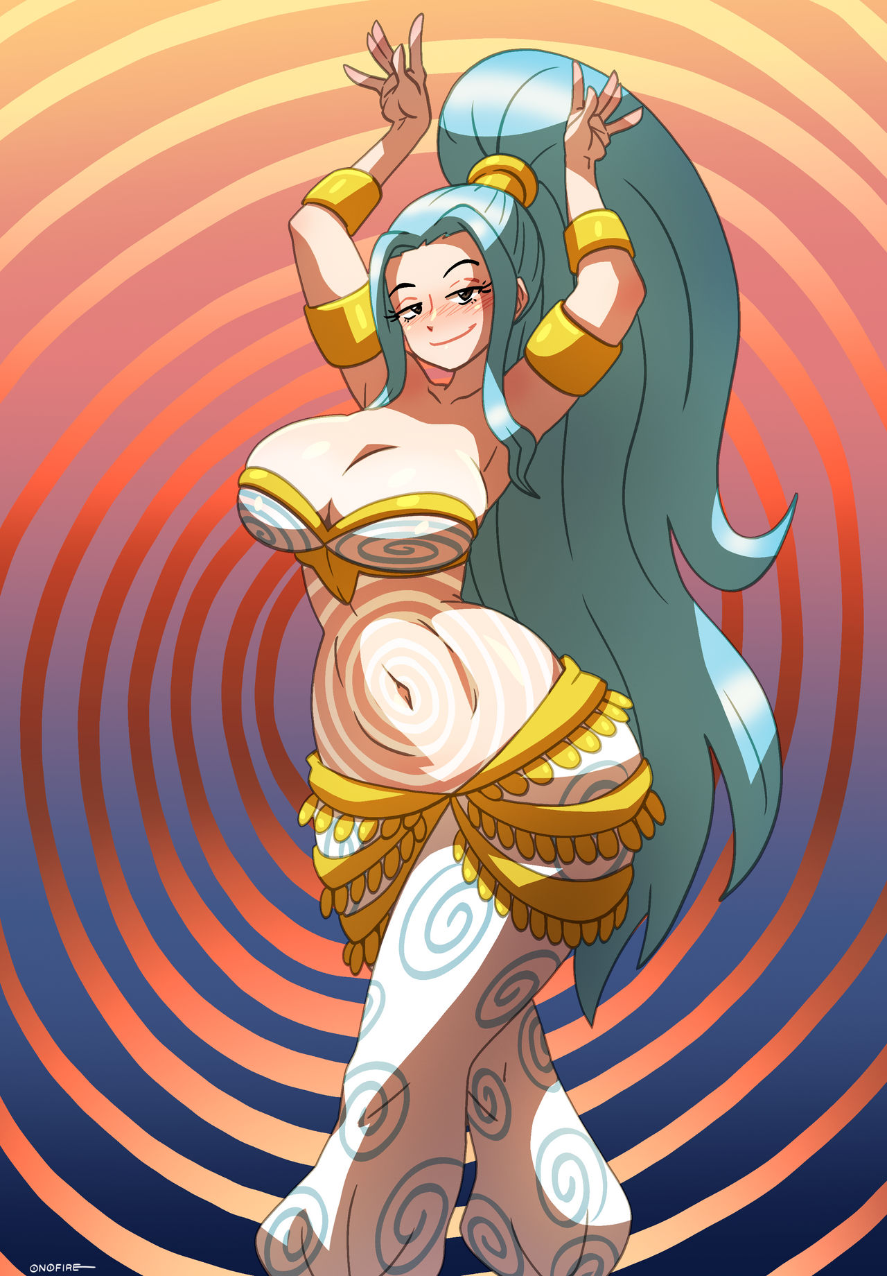 1girls belly_dancer belly_dancer_outfit blue_hair brown_eyes cleavage female female_only harem_girl harem_outfit harem_pants huge_breasts hypnosis hypnotizing_viewer long_hair looking_at_viewer nefertari_vivi one_piece ono-fire ponytail swirl