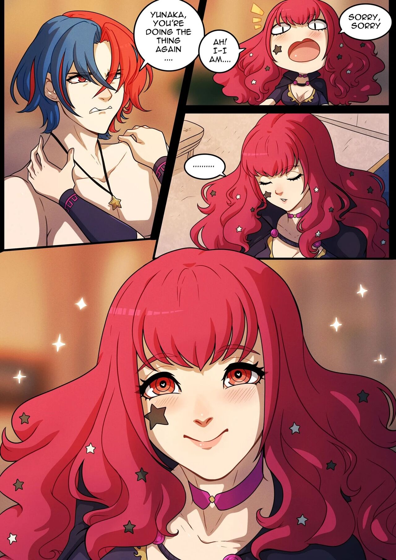1boy, 1girls, alear (fire emblem), alear (fire emblem) (male), black bodysuit, black cape, blue eyes, blue hair, blush, bodysuit, cape, choker, closed mouth, comic, commentary, english commentary, english text, female, fire emblem, fire emblem engage, hair ornament, heart-shaped pupils, heterochromia, highres, indoors, jewelry, kinkymation, lips, long hair, looking at viewer, male, multicolored hair, muscular, muscular male, necklace, parted bangs, patreon username, pink choker, pink lips, red eyes, red hair, short hair, smile, speech bubble, split-color hair, star (symbol), star hair ornament, star necklace, text, topless, topless male, two-tone hair, wavy hair, wholesome, yunaka (fire emblem)