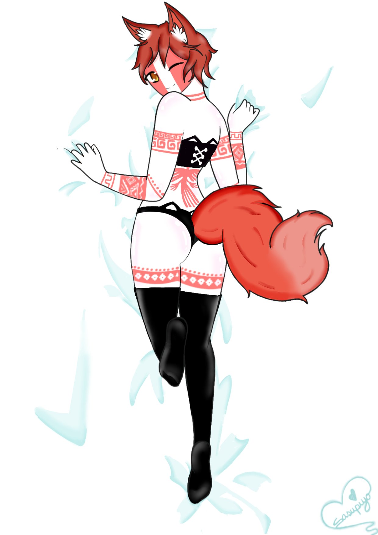 1boy animal_ears animal_tail clothing countryhumans femboy legwear male male_only markings peru_(countryhumans) red_hair simple_background white_background