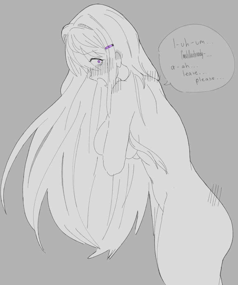 1girls, ass, big breasts, breasts, colored eyes, covered nipples, covering, covering breasts, doki doki literature club, embarrassed, embarrassed female, embarrassed naked female, embarrassed nude female, enf, english text, exspiravitbag, female, female focus, female human, female only, human, human female, human focus, human only, long hair, naked, naked female, nude, nude female, purple eyes, solo, solo female, solo focus, speech bubble, stuttering, text, text bubble, wholesome, yuri (doki doki literature club)