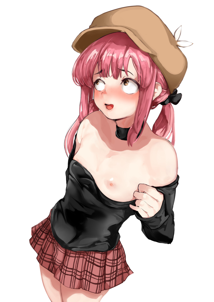 1boy better_version_at_source black_choker blush brown_eyes choker crossdressing femboy hat komi-san_wa_komyushou_desu long_hair looking_away male_focus mamimi_(artist) mamimi_(mamamimi) nipples pink_hair plaid plaid_skirt pulled_by_self pulling_clothing pulling_down_shirt skirt tadano_hitohito trap trapdano