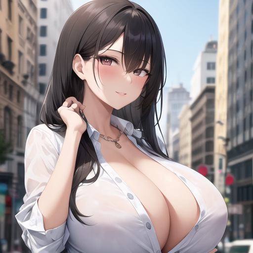 1girls ai_generated big_breasts black_hair brown_eyes buisness_suit buisness_woman busty city cleavage dark_hair female fully_clothed looking_at_viewer necklace nemus_waifu_generator office_lady pooplool sfw solo solo_female tagme