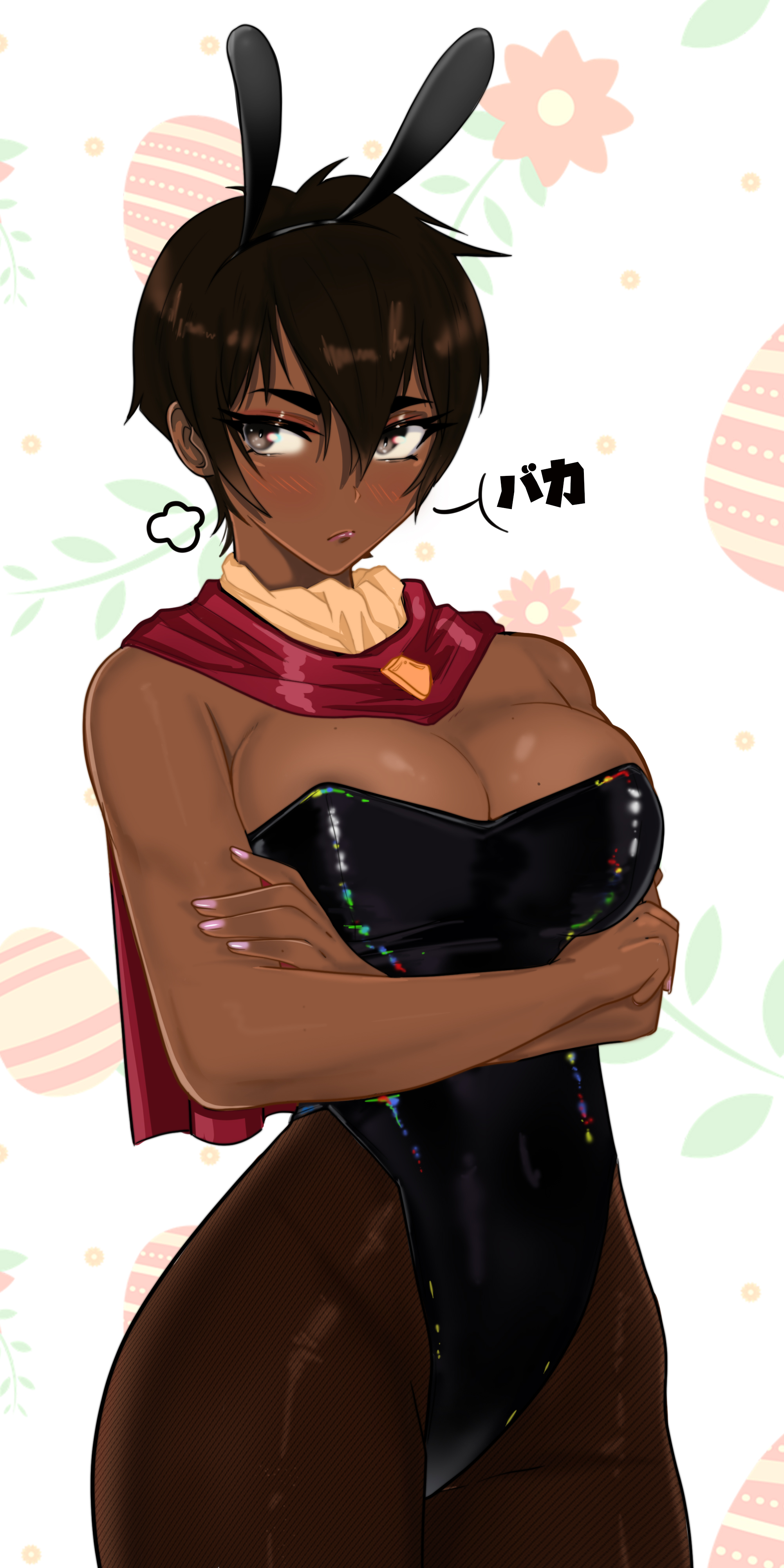 1girls, berserk, big breasts, black hair, blush, blushing, breasts, brown eyes, brown hair, bunny ears, bunny girl, bunnysuit, busty, casca, child bearing hips, crossed arms, crossing arms, dark skin, dark-skinned female, datli64, fake animal ears, fake rabbit ears, female, female only, hips, human, large breasts, playboy bunny, rabbit ears, short hair, thin waist, tomboy, very short hair, wide hips