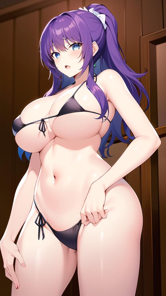 ai_generated hentai high_resolution highres huge_breasts mankitsu_happening nai_diffusion navel ponytail purple_eyes purple_hair rei_suzukawa shiny_hair shiny_skin skyrimgamer17 stable_diffusion string_bikini thick_thighs voluptuous_female wide_hips