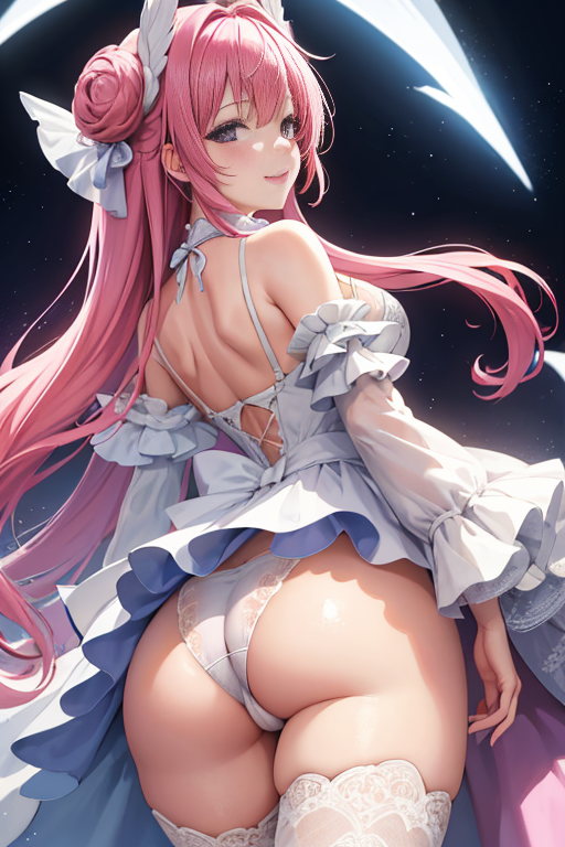 ai_generated ass ass_focus bare_shoulders blush breasts detached_sleeves dorothy_(nikke) dress female from_behind goddess_of_victory:_nikke hair_feathers hair_ornament huge_ass large_breasts long_hair looking_at_viewer looking_back panties purple_eyes shiny shiny_hair shiny_skin short_dress sideboob skirt smile solo thighhighs very_long_hair