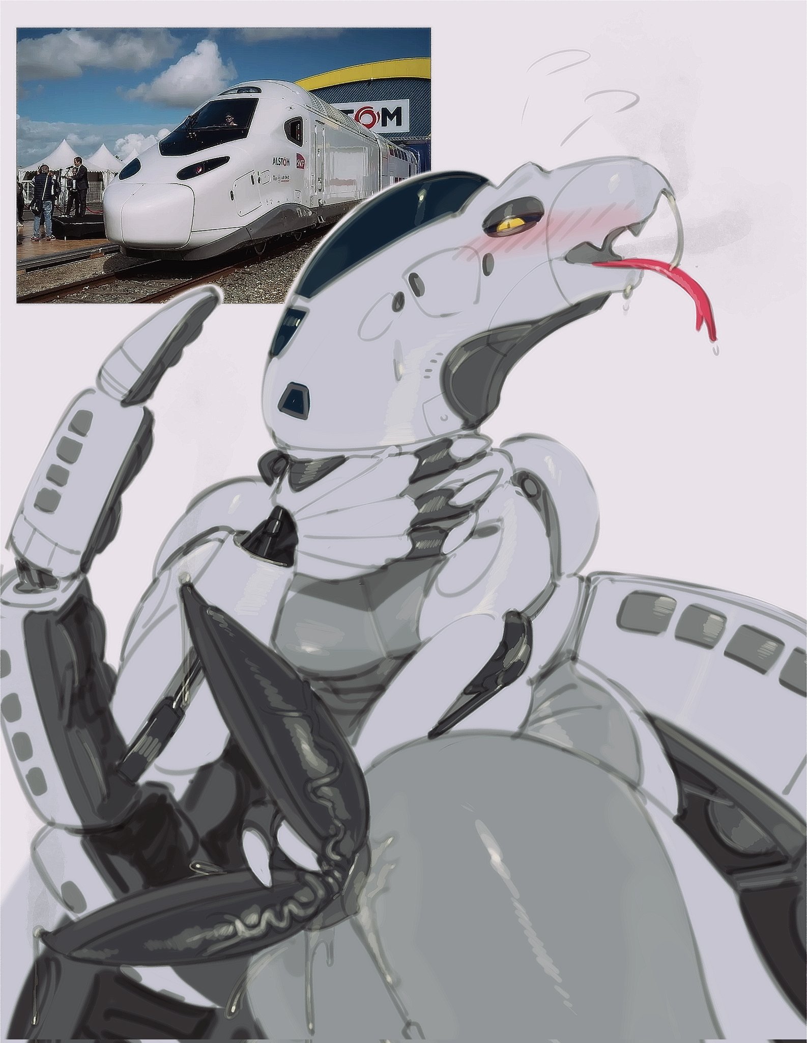 1boy, blush, bodily fluids, diphallia, diphallism, gay, gay male, hemipenes, kogito, living machine, living train, living vehicle, lizard, male, male only, metallic body, multi genitalia, multi penis, penis, solo, tail, tongue, train, vehicle, white body, yaoi, yellow eyes