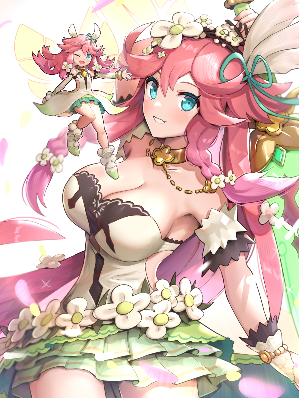 2girls blue_eyes cleavage cygames dragalia_lost fairy fairy_wings female female_only flower gonzarez holding_weapon large_breasts multiple_girls nintendo notte notte_(dragalia_lost) pink_hair size_difference sword white_background