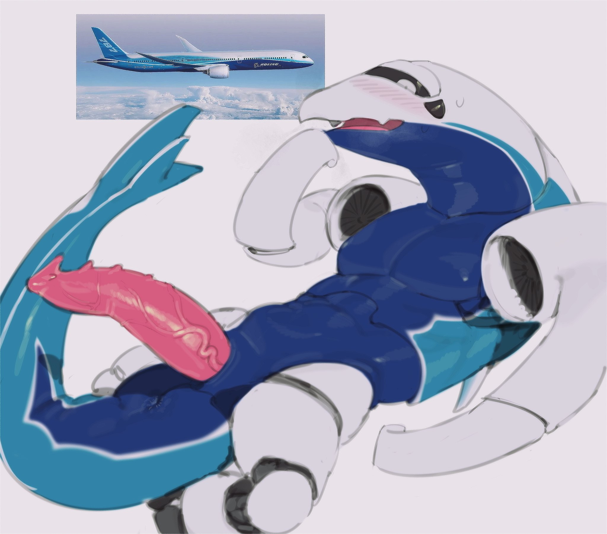 1boy, abs, aeromorph, aircraft, airplane, anthro, barbed penis, blue body, blue eyes, blush, ear, gay, gay male, heart, jet, kogito, living aircraft, living machine, living vehicle, male, male only, metallic body, muscles, muscular, muscular male, penis, sharp penis, tail, vehicle, white body, white eyes, yaoi