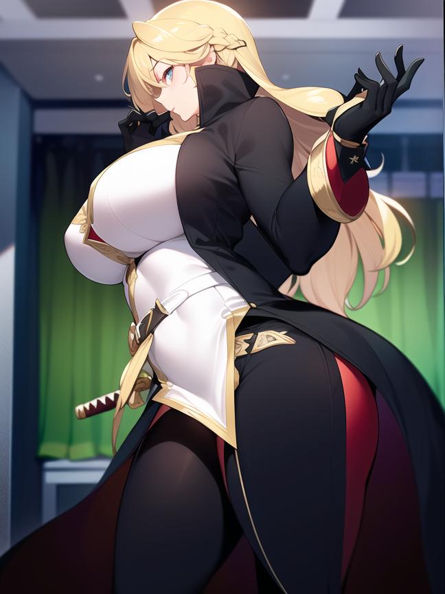 ai_generated black_cloak blonde_hair blue_eyes from_side gloves hentai high_resolution highres huge_ass huge_breasts kitana long_hair looking_at_viewer mortal_kombat nai_diffusion sara_scorpion skyrimgamer17 space_pirate_sara stable_diffusion tight_clothing