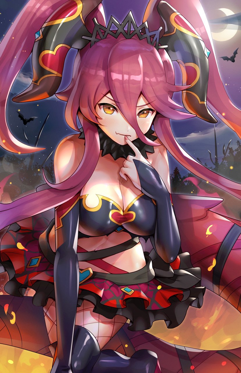 alternate_hairstyle background cleavage cygames dragalia_lost dragon dragon_girl dragon_horns dragon_tail gonzarez halloween halloween_costume large_breasts long_hair mym mym_(dragalia_lost) nintendo red_hair seductive seductive_look seductive_smile tiara twintails