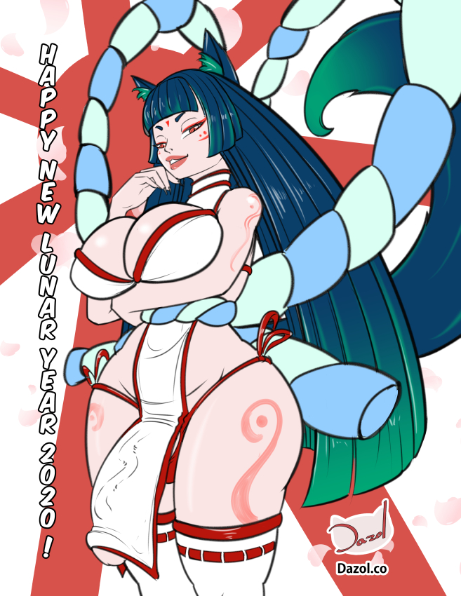 1futa, 2020, animal ears, bangs, big breasts, big penis, blue hair, breasts, bulge, cat ears, cat girl, cat tail, catgirl, cleavage, clothed, clothing, dazol, dickgirl, facial markings, female, flaccid, futa only, futanari, horny, huge breasts, humanoid, humanoid penis, intersex, kemonomimi, light skin, light-skinned futa, lipstick, long hair, miko, mostly clothed, new year, pelvic line, penis, rope belt, solo, standing, tattoo, thick thighs, thighhighs, veiny penis, wide hips