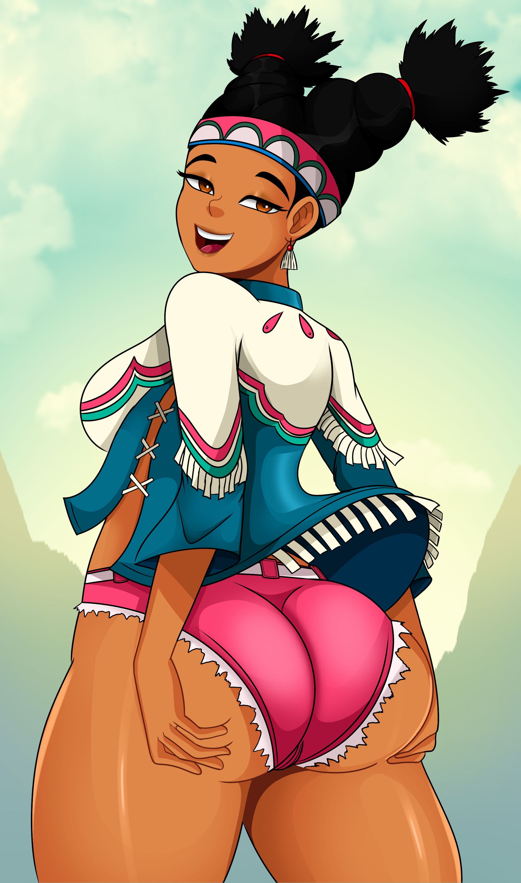 1girls, ass, big ass, big breasts, big butt, black hair, breasts, eyebrows, fat ass, female, female only, large ass, lily hawk, lipstick, looking at viewer, low cut pants, shorts, solo, solo female, solo focus, sonson-sensei, street fighter, street fighter 6, tan body, tan skin