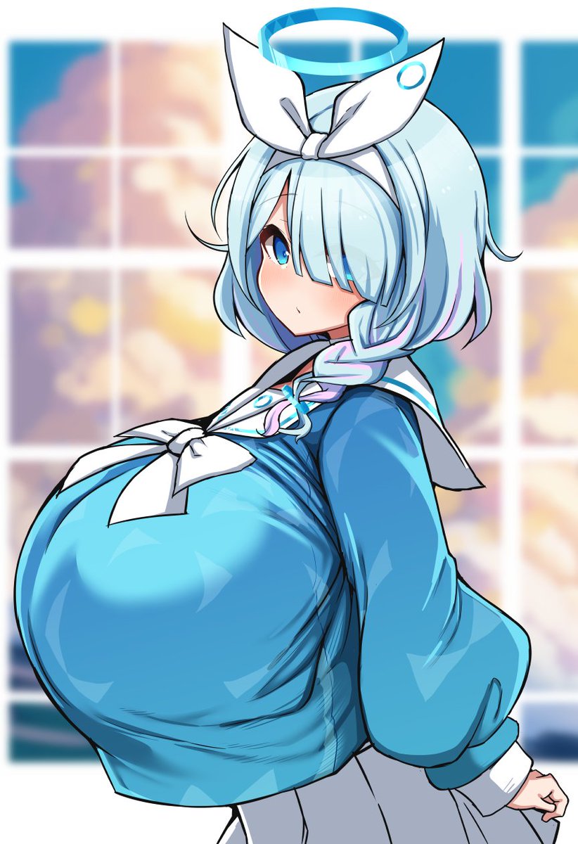 1girls, aged up, alternate breast size, arona (blue archive), blue archive, blue eyes, blue hair, braided hair, braided ponytail, breasts, clothed breasts, detritus, expressionless, female, gigantic breasts, hair over one eye, halo, huge breasts, looking at viewer, matching hair/eyes, short hair, top heavy