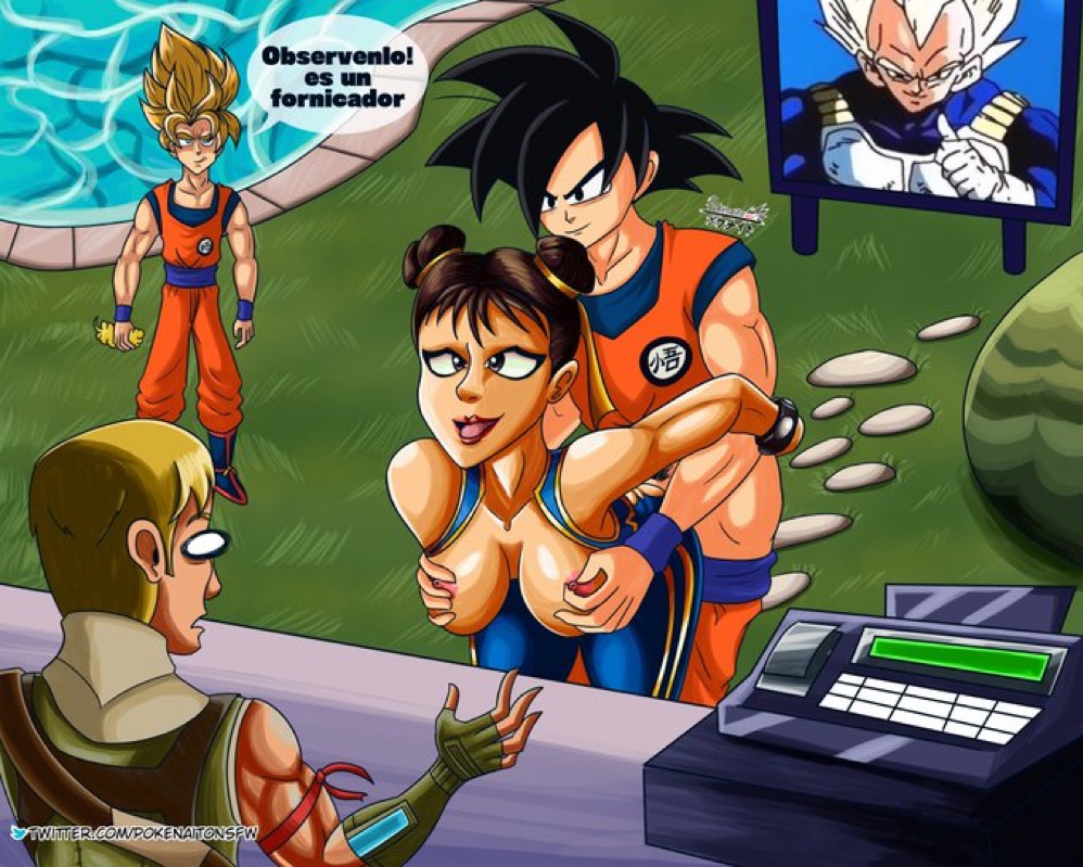 breasts capcom chun-li chun-li_(fortnite) crossover dragon_ball eastern_and_western_character female fortnite funny grabbing_breasts jonesy_(fortnite) pokenaito public public_sex sex sex_from_behind son_goku street_fighter super_saiyan