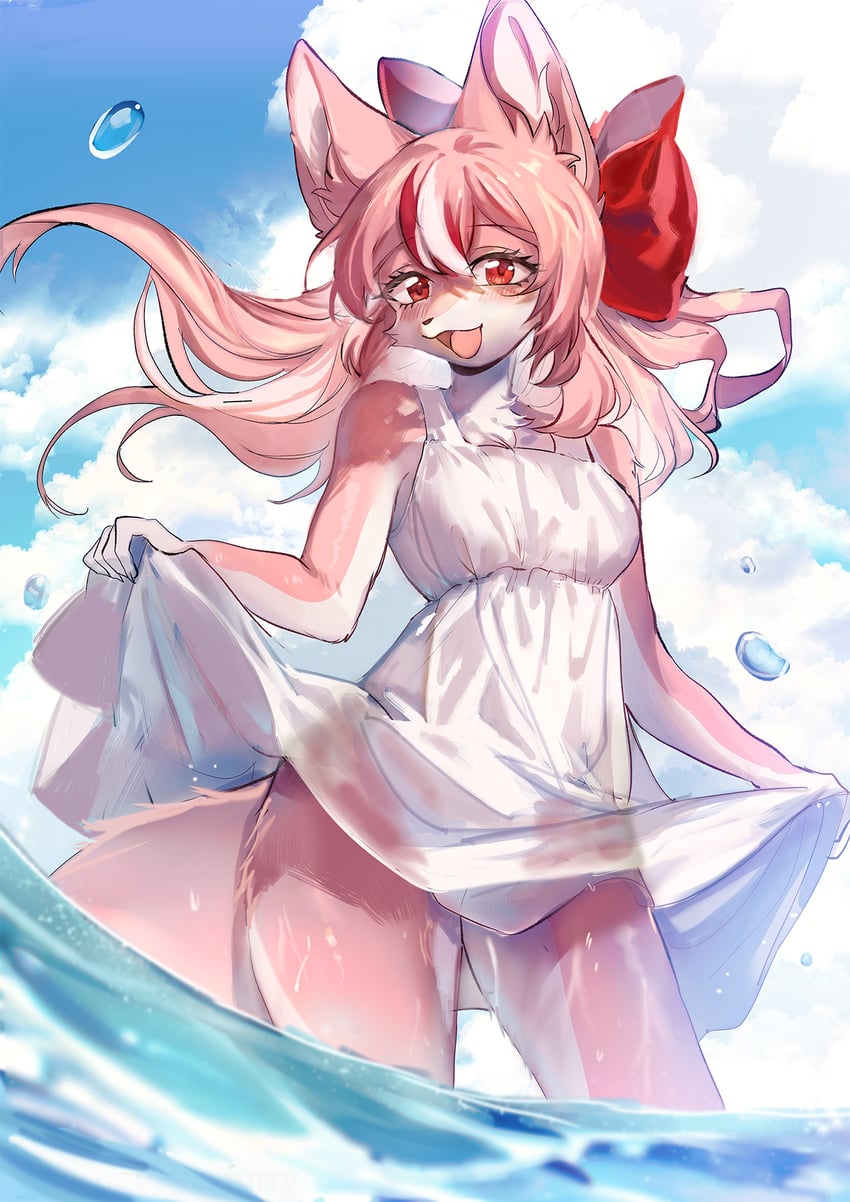 2023 anthro anthro_only canid canine cloud ears female fluffy fox furry long_hair mammal nonoka917 open_mouth pink_fox_(nonoka917) pink_fur pink_hair red_eyes red_ribbon ribbon sky tagme tail water wet_clothes