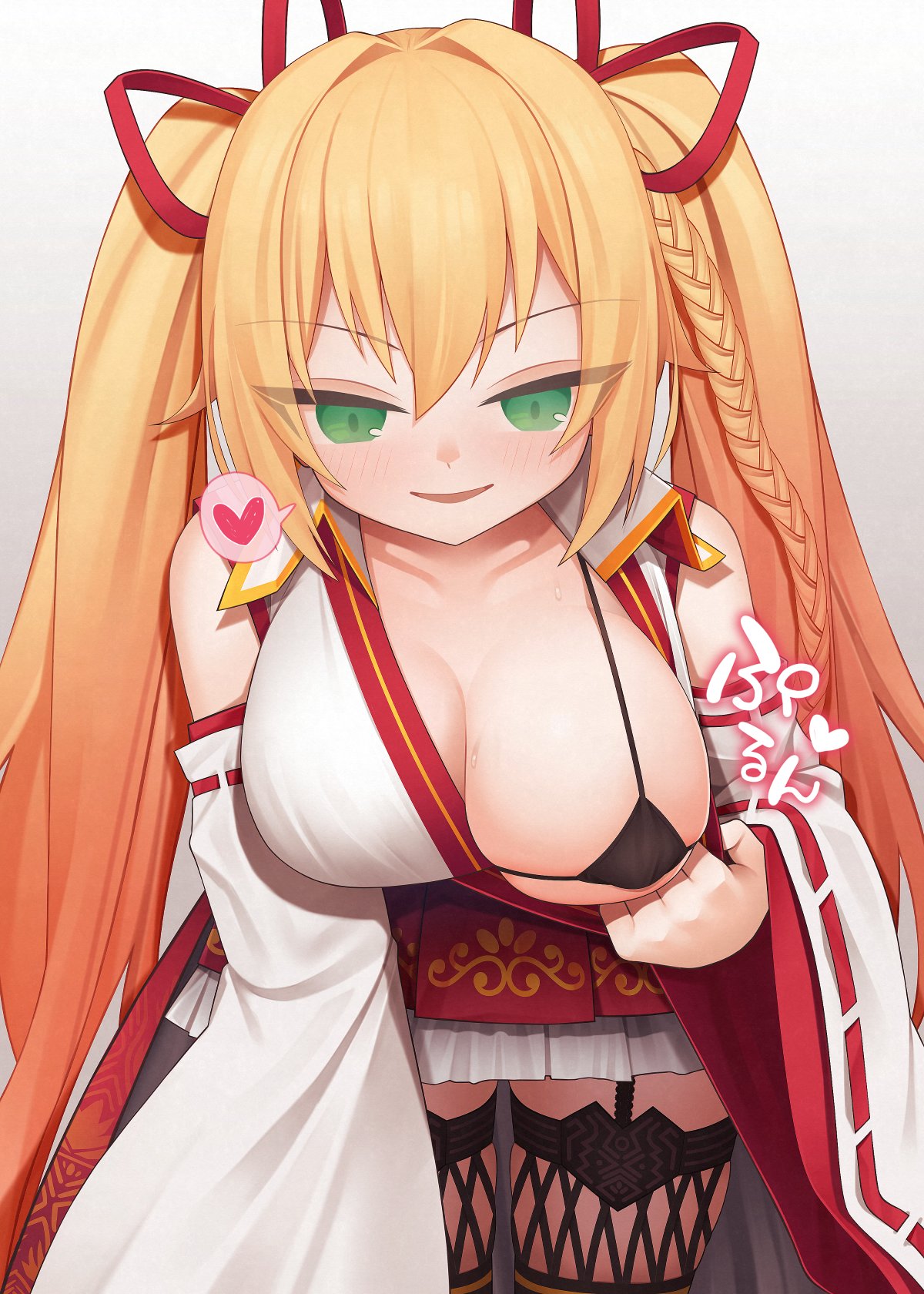 1girls akaiha_(akaihasugk) big_breasts black_micro_bikini blonde_hair breasts eyebrows_visible_through_hair eyelashes_visible_through_hair female female_only green_eyes kongo_iroha looking_at_viewer micro_bikini one_breast_out open_mouth simple_background slight_blush tagme twintails virtual_youtuber white_background youtube