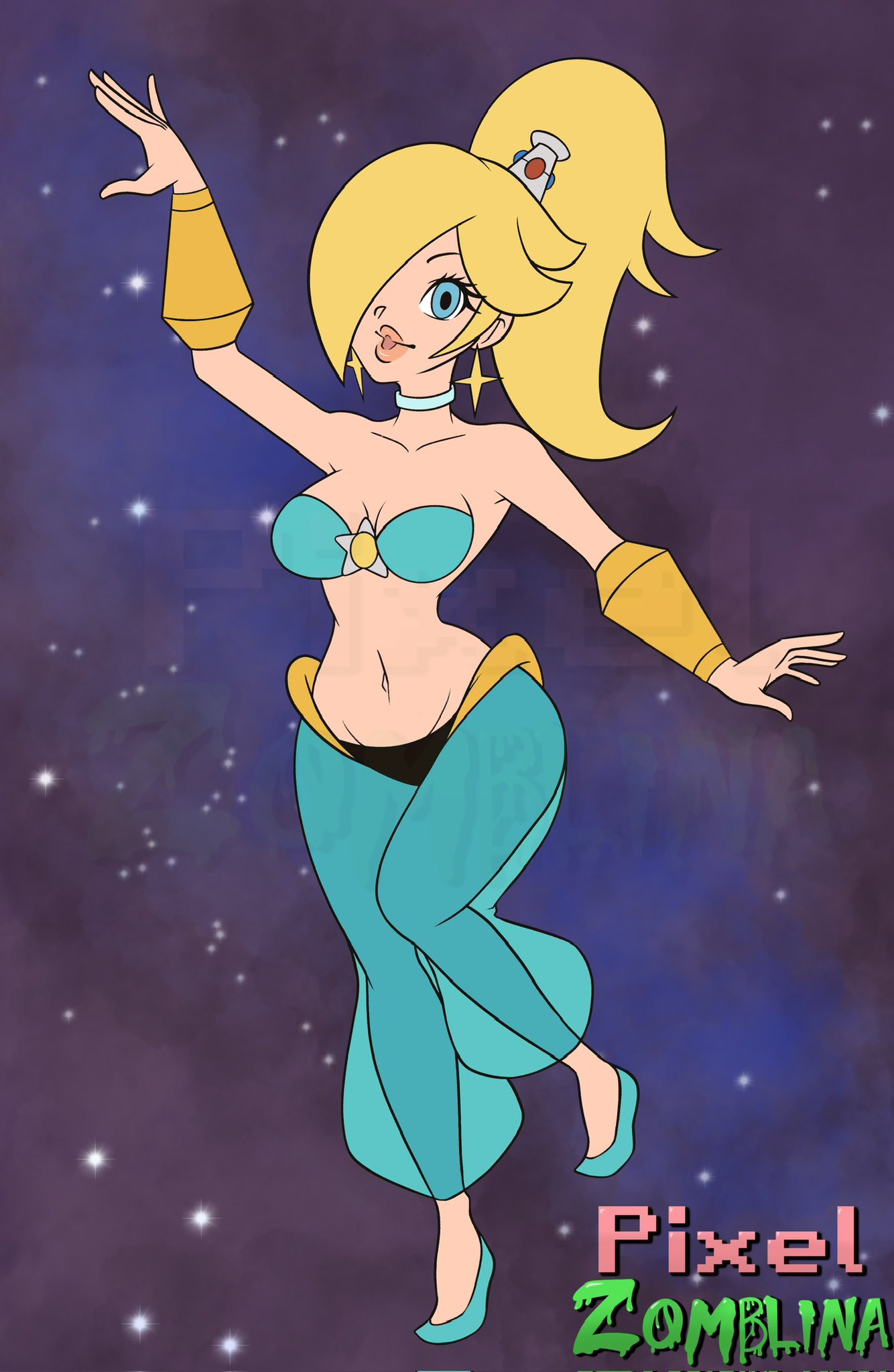 alternate_costume belly_button belly_dancer belly_dancer_outfit belly_dancing big_breasts blonde_hair blue_eyes blue_outfit breasts crossover female female_only hair_over_one_eye mario_(series) nintendo pixel_zomblina ponytail princess_rosalina shantae shantae_(cosplay) solo super_mario_galaxy