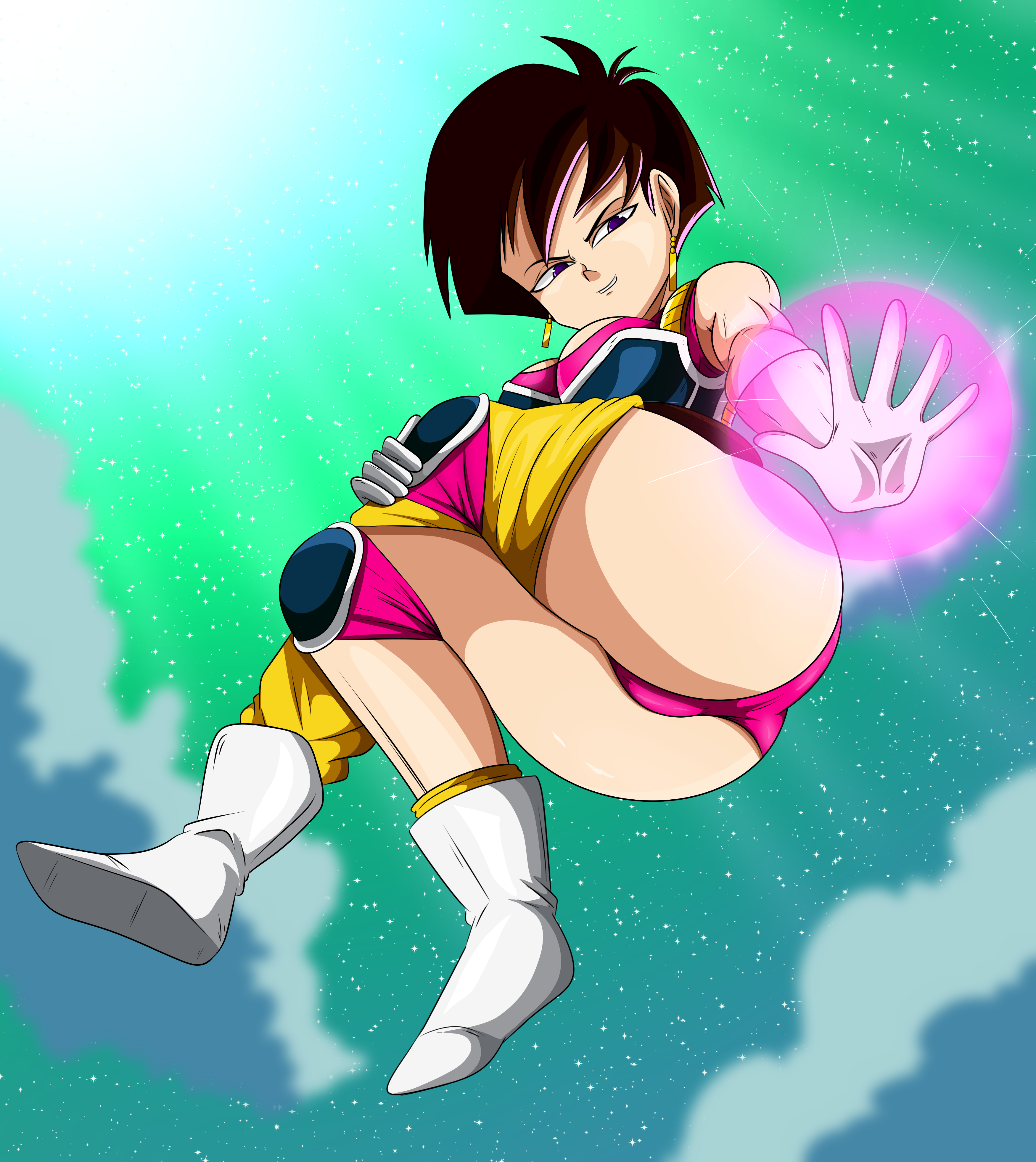 1girls, 2020, armor, ass, big ass, big breasts, big butt, breasts, brown hair, cleavage, dragon ball, dragon ball z, earrings, fat ass, female, female only, female saiyan, gloves, light skin, light-skinned female, looking at viewer, purple eyes, saiyan, saiyan armor, seripa, short hair, solo, solo female, solo focus, sonson-sensei, thick thighs, thighs, white gloves, wide hips