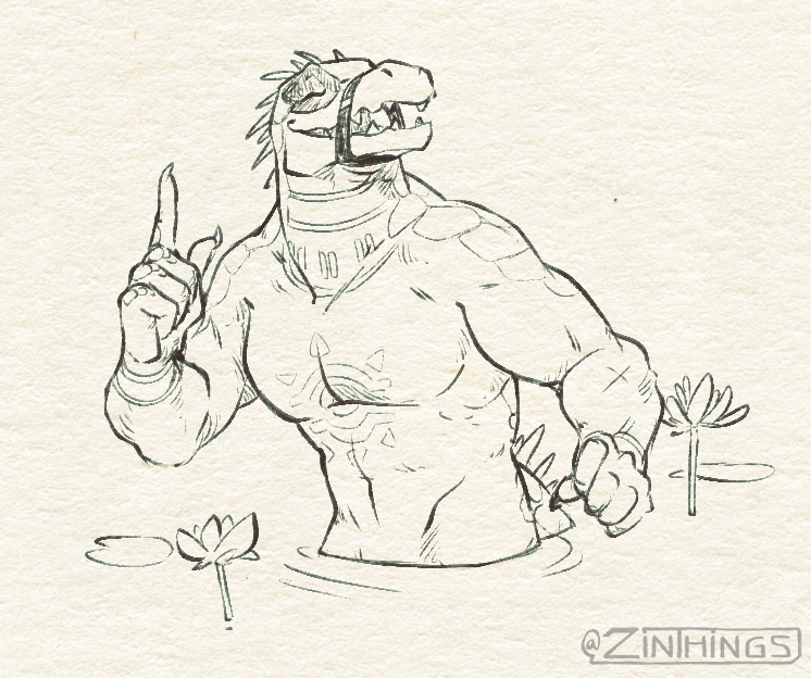 anthro chest_tattoo claws crocodile crocodilian crocodylid daylon_(dislyte) dislyte facial_markings gesture happy head_markings male markings mouth_strap muscular muscular_male nude open_mouth partially_submerged pointing reptile scalie solo tattoo teeth zinthings