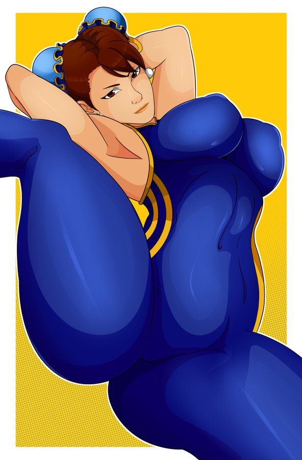 1girls, ass, big ass, big breasts, big butt, breasts, brown hair, capcom, chinese clothes, chun-li, eyebrows, fat ass, female, female only, hair buns, hair ribbon, hands behind head, large ass, large breasts, light skin, light-skinned female, lipstick, looking at viewer, navel, nipple bulge, solo, solo female, solo focus, sonson-sensei, street fighter, street fighter alpha, thick thighs, thighs