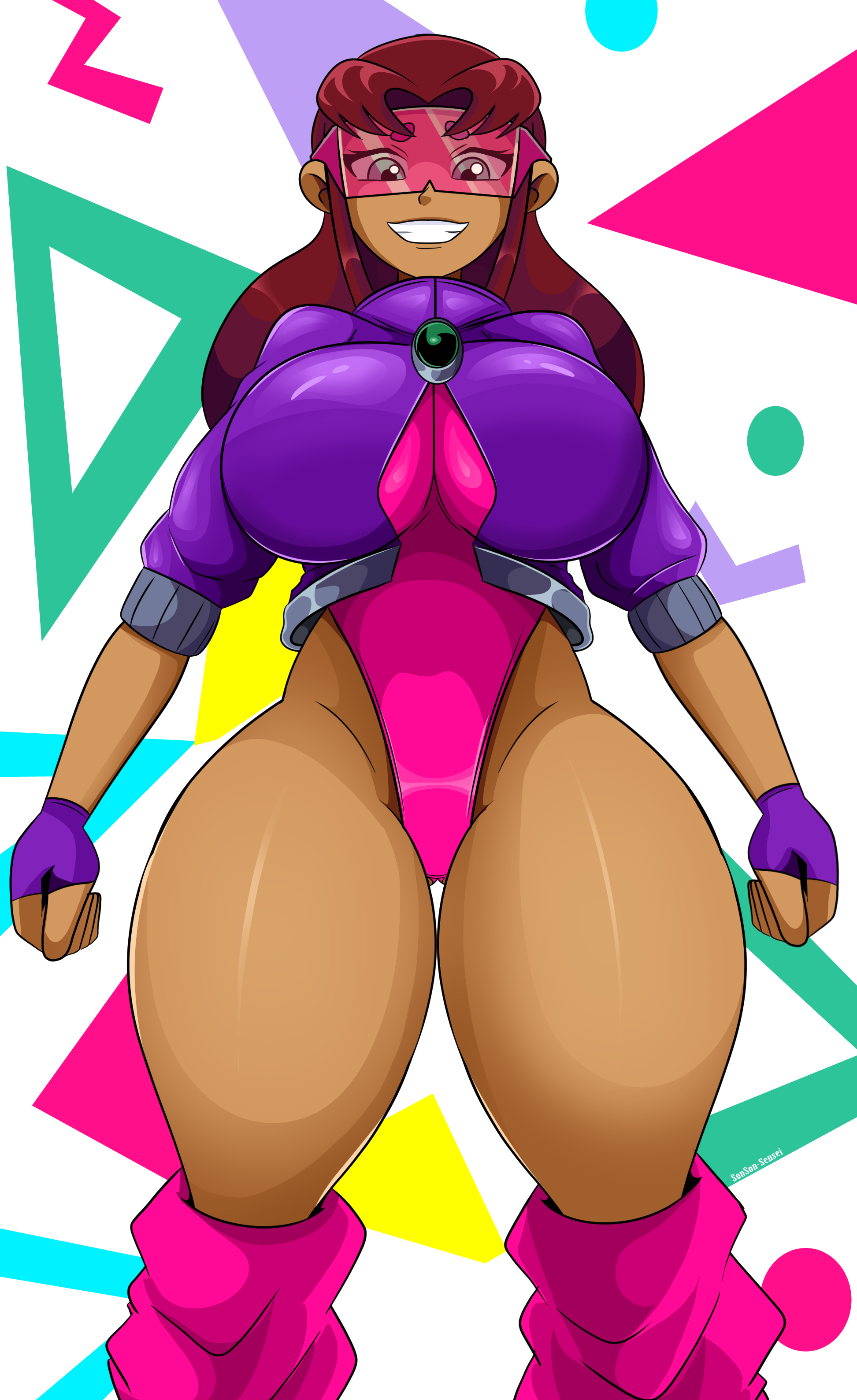 1girls, 80's theme, big breasts, breasts, dc, dc comics, female, female only, fingerless gloves, large breasts, leotard, looking at viewer, red hair, retro, solo, solo female, solo focus, sonson-sensei, starfire, tan body, tan skin, teen titans, thick thighs, thighs, wide hips