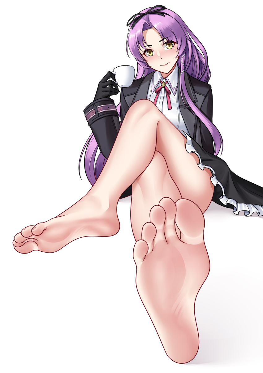 1girls absurdres artist_request barefoot crossed_legs cup eiyuu_densetsu feet highres kuro_no_kiseki light_blush long_hair looking_at_viewer purple_hair renne_(eiyuu_densetsu) renne_bright smile soles teacup toes yellow_eyes