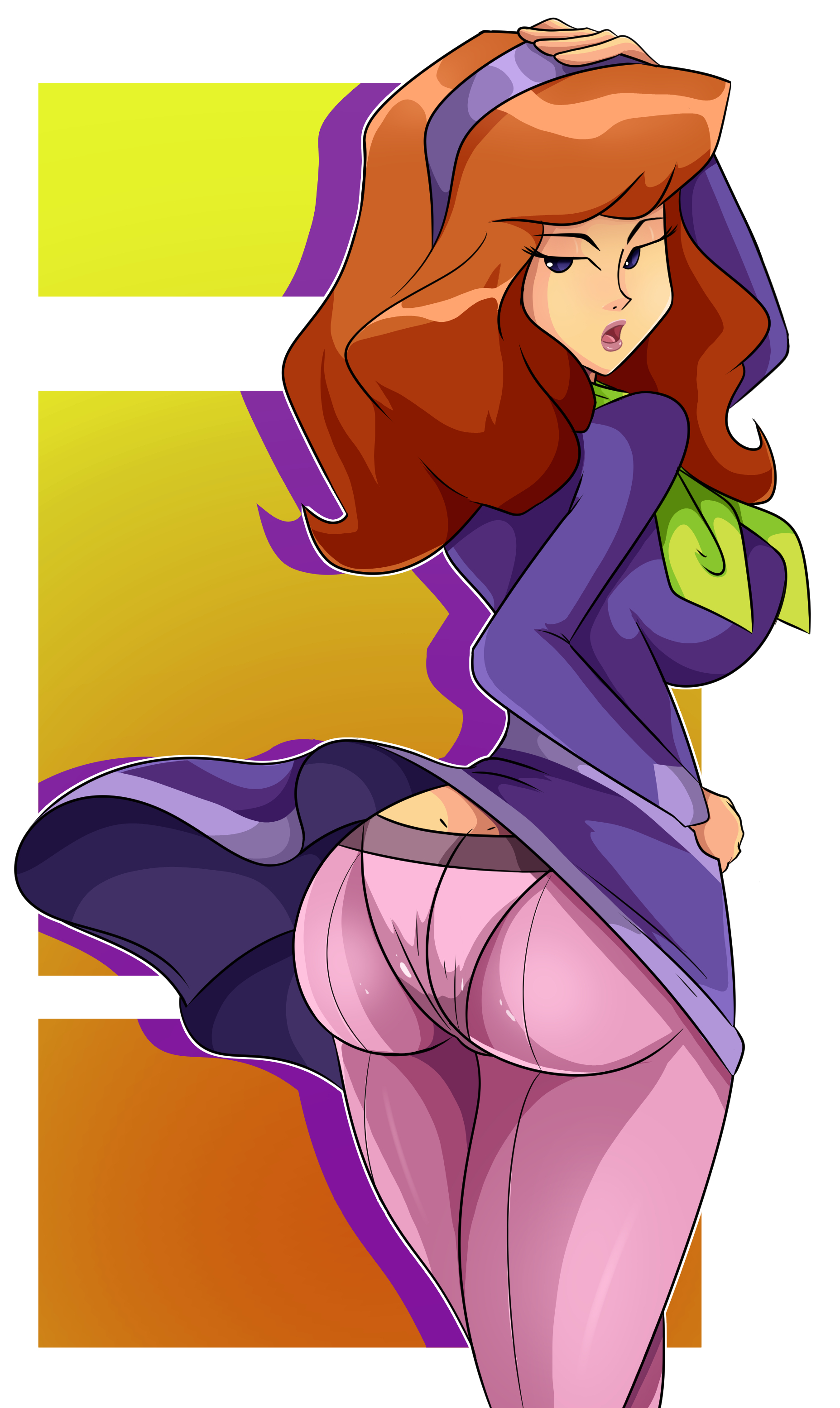 1girls, ass, big ass, big breasts, big butt, breasts, daphne blake, female, female only, light skin, light-skinned female, lipstick, looking back, orange hair, panties visible through clothing, pantylines, scooby-doo, sexy, sexy ass, sexy butt, solo, solo female, solo focus, sonson-sensei, thick thighs, thighs, wide hips