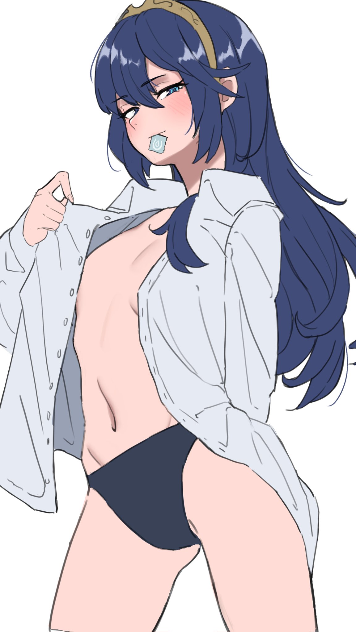 1girls blue_eyes blue_hair blue_panties breasts come_hither condom condom_in_mouth female female_only fire_emblem fire_emblem_awakening flashing grimmelsdathird looking_at_viewer lucina_(fire_emblem) mouth_hold nintendo panties small_breasts solo teasing tiara undressing